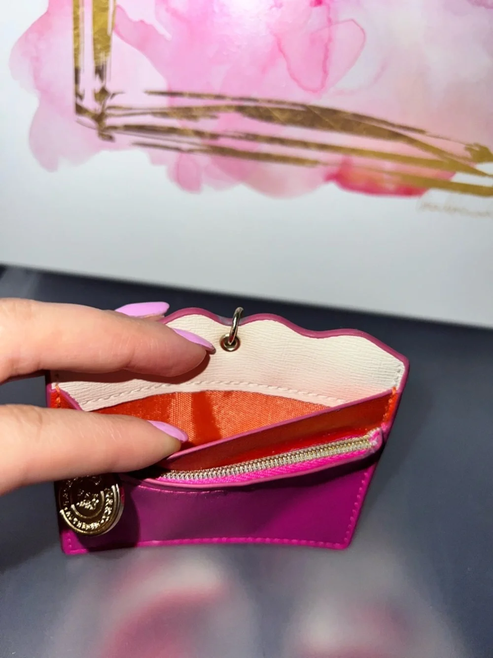 Bath & Body Works Pink & Orange Cardholder with Gold Bell Hand Sanitizer Holder